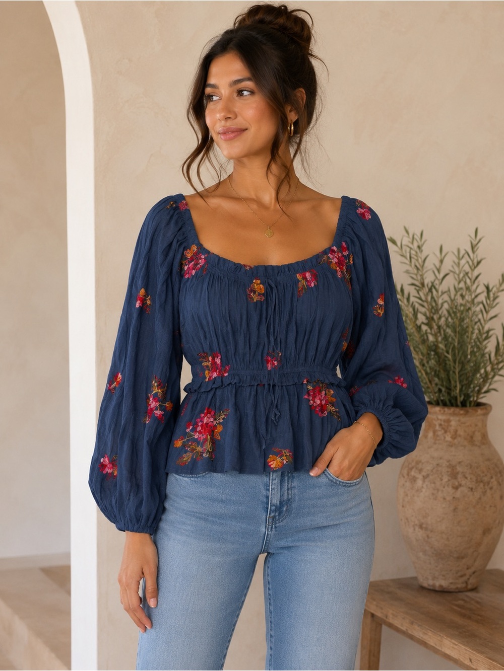 Wild Moss Blue Floral Off Shoulder Peasant Crop Top Size Large